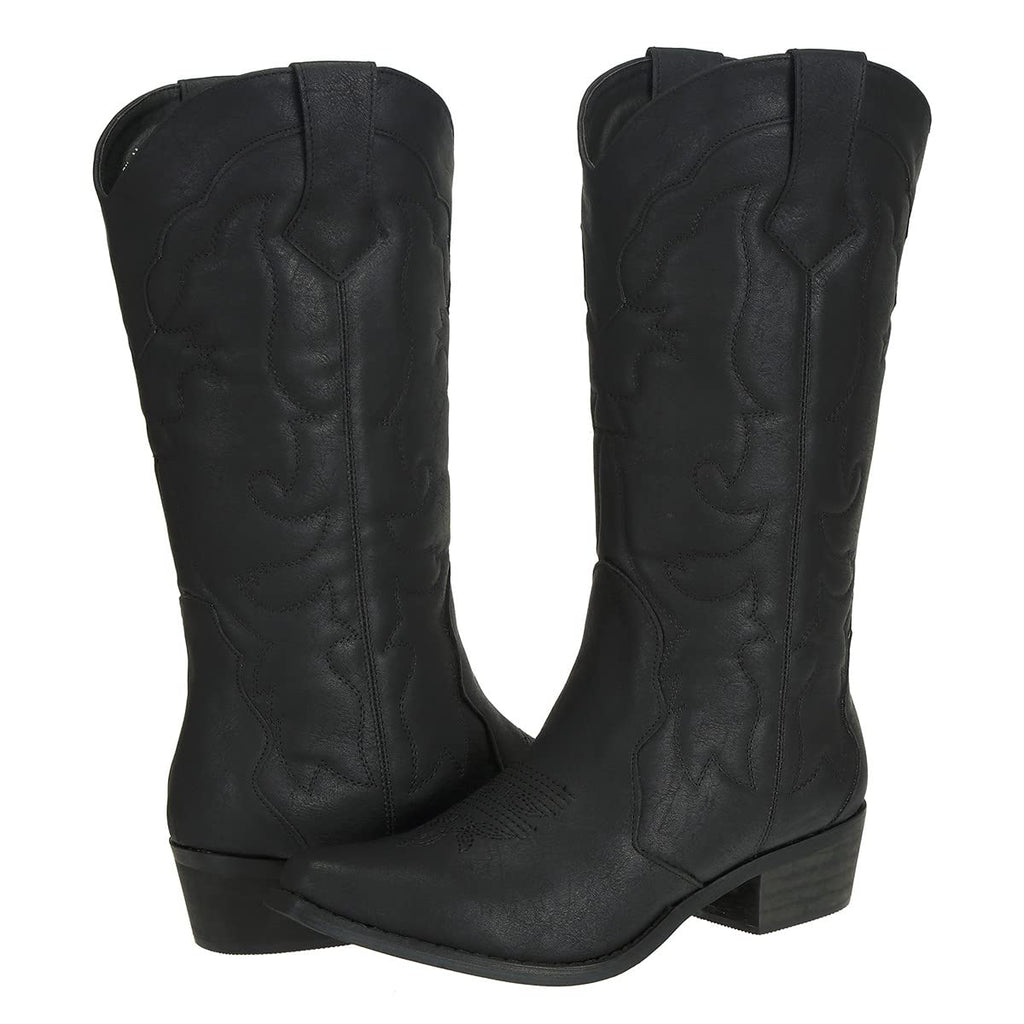 Womens Western Cowgirl Black Cowboy Boots Mid Calf Snip Toe Fashion Shoes