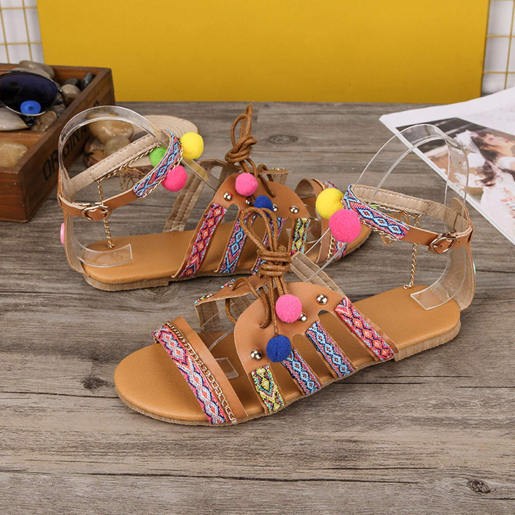 beiousalie Sandals Roman Brown Slip on Ring Toe Flip Flop Breathable Flats Shoes 9