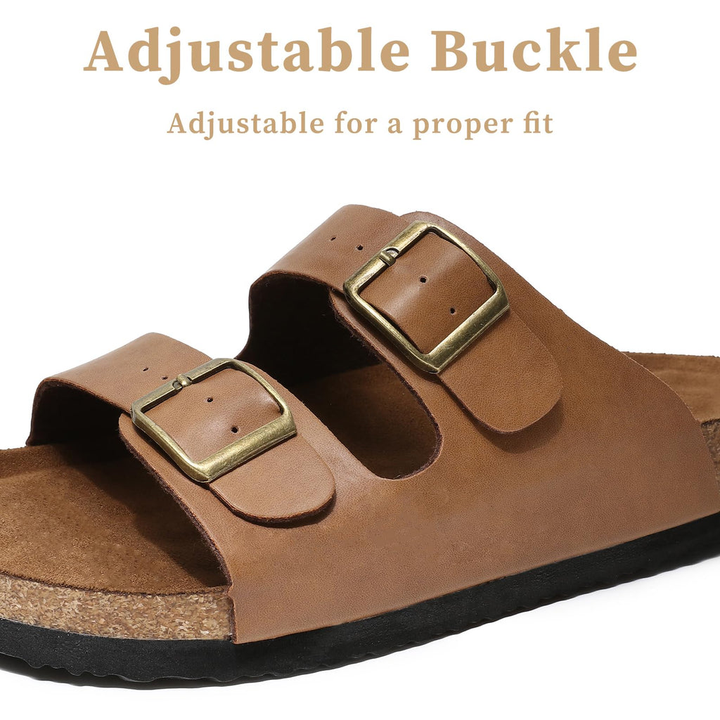 Yozuru Womens Flat Sandals Cork Footbed Slides with Arch Support Adjustable Buckle Slip on Slides Summer Open Toe Beach Sandals