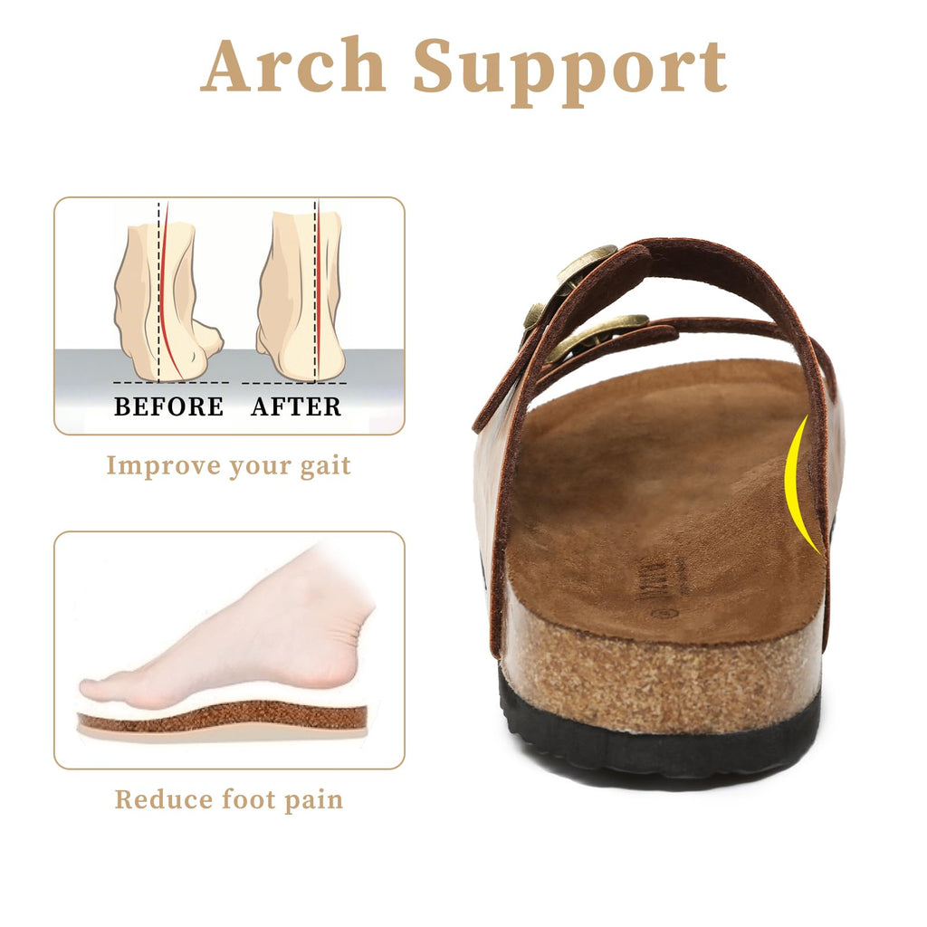 Yozuru Womens Flat Sandals Cork Footbed Slides with Arch Support Adjustable Buckle Slip on Slides Summer Open Toe Beach Sandals