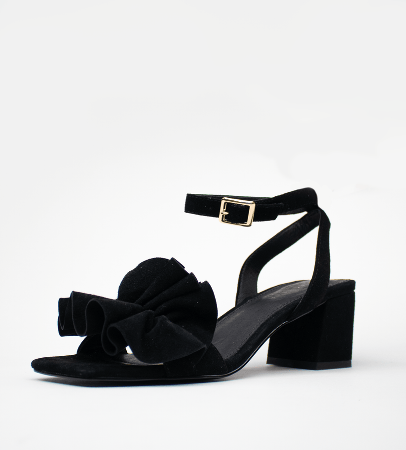 Cecelia New York Heather Black Suede Open Toe Ankle Strap Block Heel Sandals